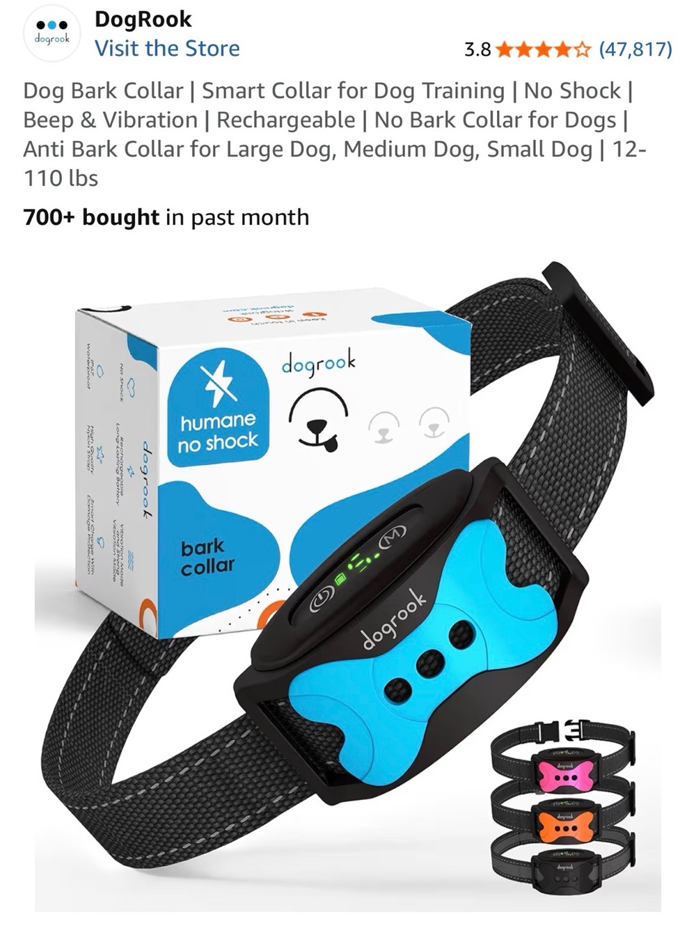 Blue Rechargeable No-Shock Dog Bark Collar with Vibration & Beep